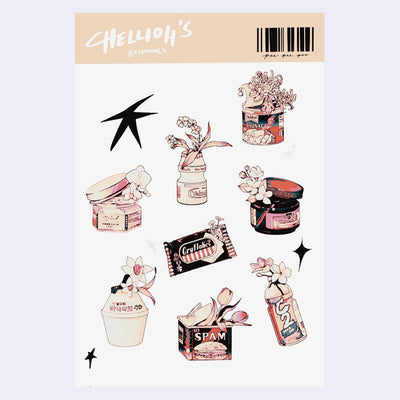 Sticker sheet with 9 different stickers, with muted yellow and dark red coloring of flowers popping out of popular Asian snack and medicinal packaging - such as Spam, Yakult, Banana Milk, Tiger Balm, etc.