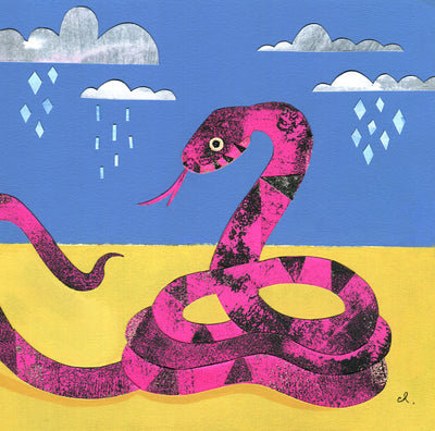 Paper collage art of a pink snake with black dotting and striping, with much of its body coiled up. It has its tongue out and sits in a yellow land with blue sky and raining clouds.