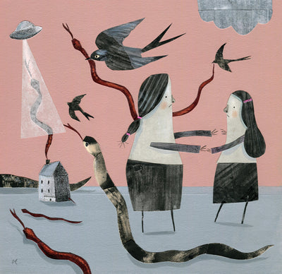 Cut paper and mixed media collage of 2 female figures, standing with arms outstretched to one another and sad faces. Around them, snakes slither and a large snake is lifted by flying birds.