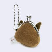 Small plush clasp closure coin purse of Catbus's head, with a large smiling grin and yellow eyes. It has a chain attachment. 