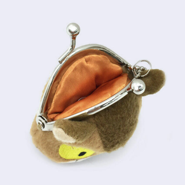 Small plush clasp closure coin purse of Catbus's head, with a large smiling grin and yellow eyes. It has a chain attachment. 