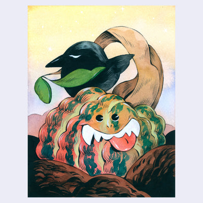 Painting of a striped cartoon pumpkin with a very thick twisted stem. Pumpkin has a cartoon face with its tongue out and large teeth, looking up at a black bird that sits atop it.