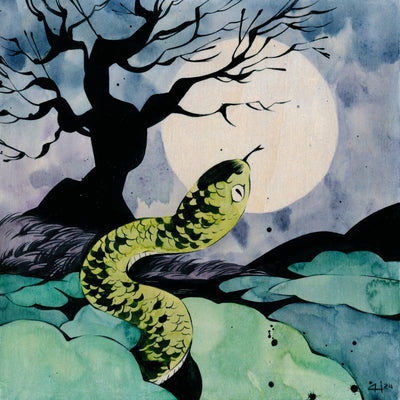 Watercolor painting of a green snake emerging from a swampy green ground. A large full moon hangs in the night sky with a silhouette of a bare, branchy tree.