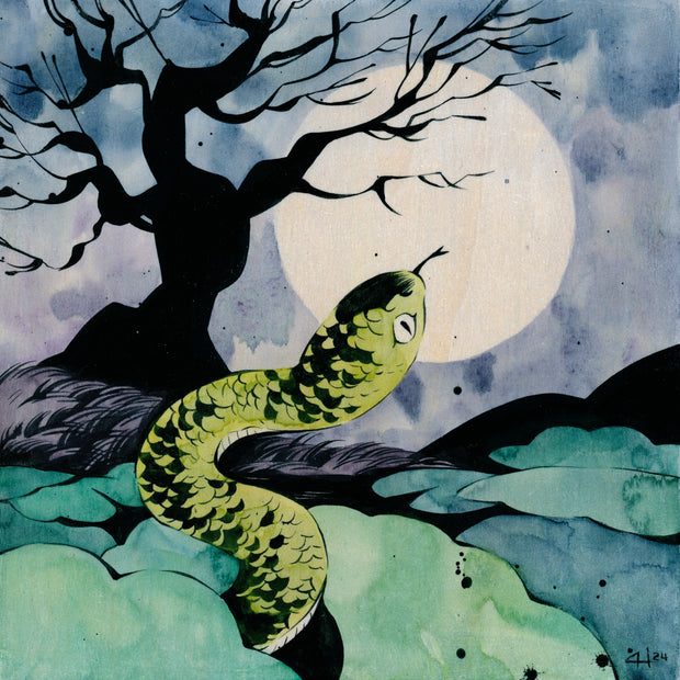 Watercolor painting of a green snake emerging from a swampy green ground. A large full moon hangs in the night sky with a silhouette of a bare, branchy tree.