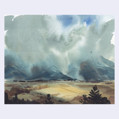 Plein air painting of an open valley, yellow and brown with tree silhouettes in the foreground. A very cloudy sky in over the scene.