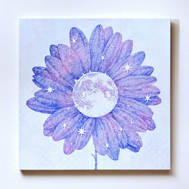 Large painting on a mostly white canvas of a blooming flower with many midsized petals atop of one, all purple and pink hued with white polka dots and stars. The center of the flower is a moon face with a closed eye, simple expression.