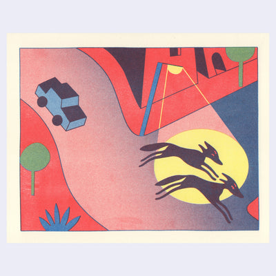 Risograph print simplistically drawn of a street at night, seen from overhead. A boxy car drives down the road and 2 coyotes run away, illuminated by a bright streetlamp.