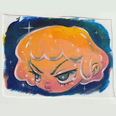 Painting on cut canvas paper of a girl with jelly like hair, orange and pink in coloring and slightly see through.