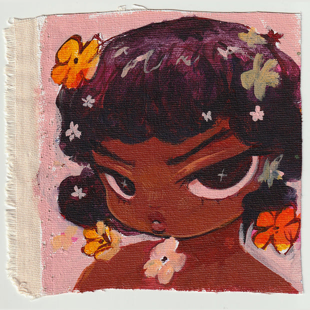 Painting on cut canvas paper of a girl, seen close up with a dramatic expression and dark purple hair, tan skin and orange flowers around her.