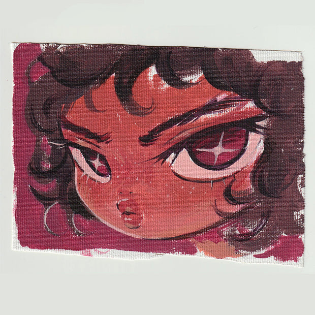 Painting on cut canvas paper of a girl, seen close up with starry purple eyes and an angry expression with brown curly hair.