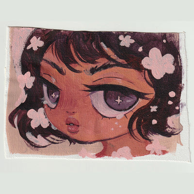 Painting on cut canvas paper of a girl, seen close up with starry purple eyes and a soft expression with small tears coming out her eyes. Pink flowers decorate her hair.