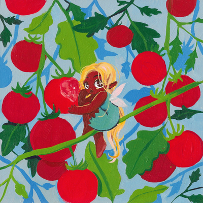 Painting of a tan fairy sitting on the thin branch of a tomato plant, having just taken a bite out of a nearby tomato.