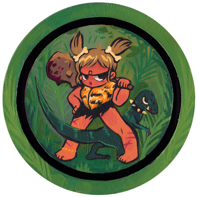 Painting on circular panel of a cartoon style tan cave woman, with a bloody club over her shoulders and bone hair clips for her pig tails. She has a sassy expression and a small green raptor with a spiked collar stands in between her legs.