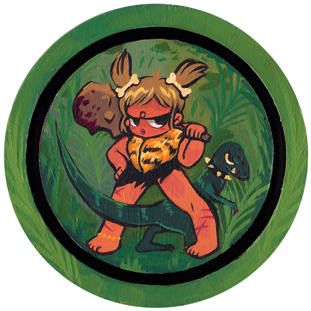 Painting on circular panel of a cartoon style tan cave woman, with a bloody club over her shoulders and bone hair clips for her pig tails. She has a sassy expression and a small green raptor with a spiked collar stands in between her legs.