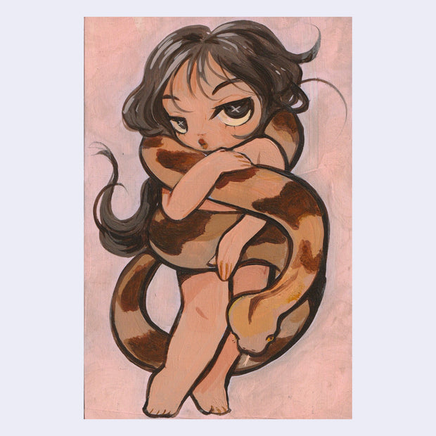 Painting of a nude girl with large sparkly brown anime-style eyes and long brown hair. Her body is mostly covered by a large brown anaconda snake. Background is a muted pink.