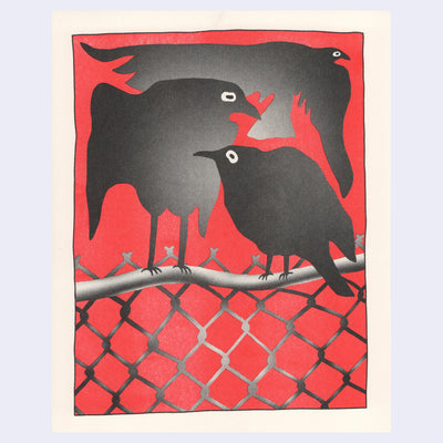 Risograph print of 3 crows, 2 sit on a chainlink fence and the other flies off in the background, which is fully red.