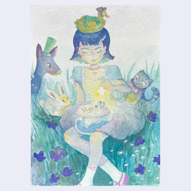 Painting on textured paper of a girl wearing a dress and sitting in a grassy meadow. A fishbowl is in her lap and she dangles a glowing star over it. Various animals sit around her.