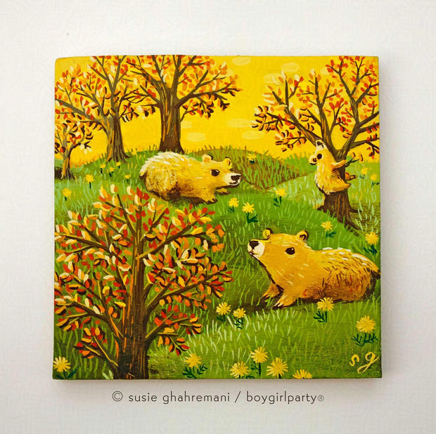 Painting of an autumn scene with several cute cartoon bears standing in a field with many dandelions and trees with sparse orange leaves.