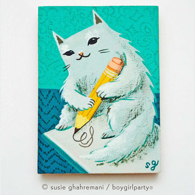 Painting of a fluffy white cartoon cat holding a large pencil and scribbling on a notebook.