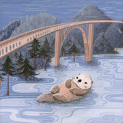 Painting of a large otter floating in water with a forest in the background and a large bridge overhead in the background.