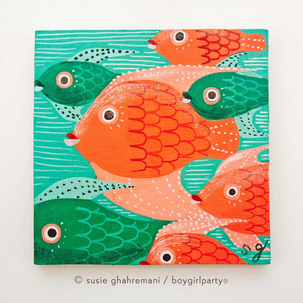 Painting of several fish swimming closely to one another. Half are green and half are a reddish orange.