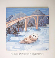 Painting of a large otter floating in water with a forest in the background and a large bridge overhead in the background.