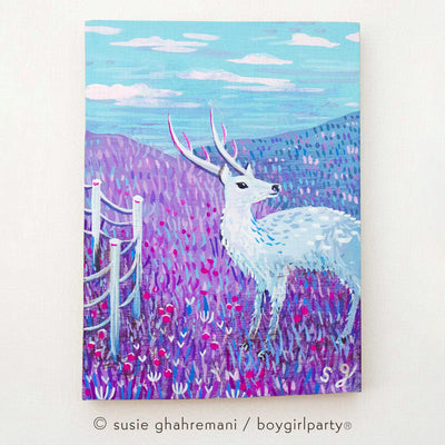 Painting of a light blue gazelle standing in a field of very purple flowers, with a cloudy blue sky overhead.