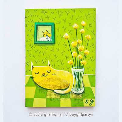 Painting of a yellow cat sleeping on the floor next to a vase of yellow flowers. It sits in a room with green wallpaper and checkered tile floors.