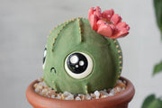 Ceramic sculpture of a round cactus with a red flower and very large cute kawaii eyes and a small frown. It is in a pot with rocks around it.