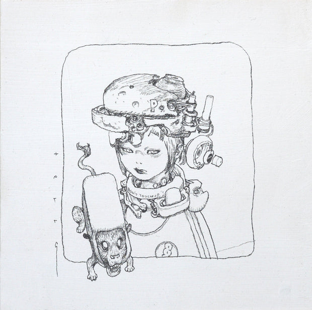 Graphite drawing on a white background panel, of a manga style androgynous character with a mechanical helmet with many parts and elements. Around their neck is another mechanical piece. A dog like creature with a box shaped body is in the corner of the work.