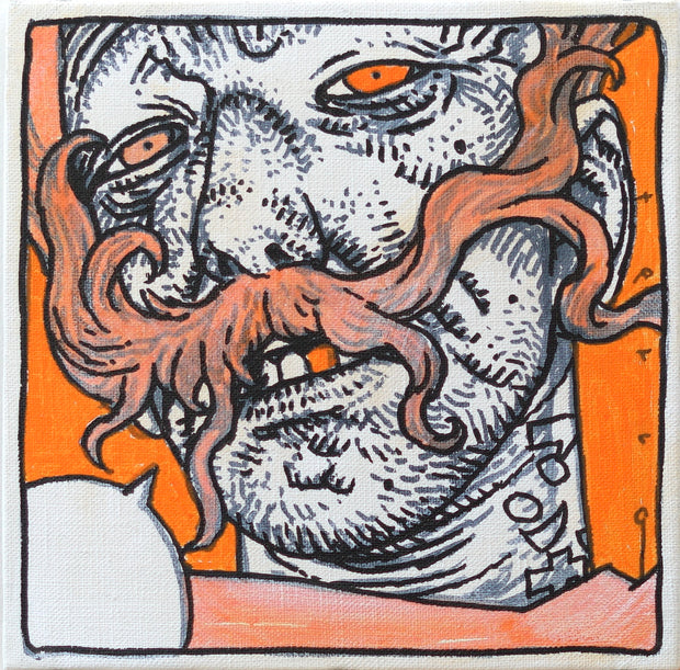 Painting done in orange and white with black line art of an old man with many wrinkles and a lot of stubble. His face is viewed very close up, showing orange eyes and a single orange tooth. An empty speech bubble comes out his mouth.