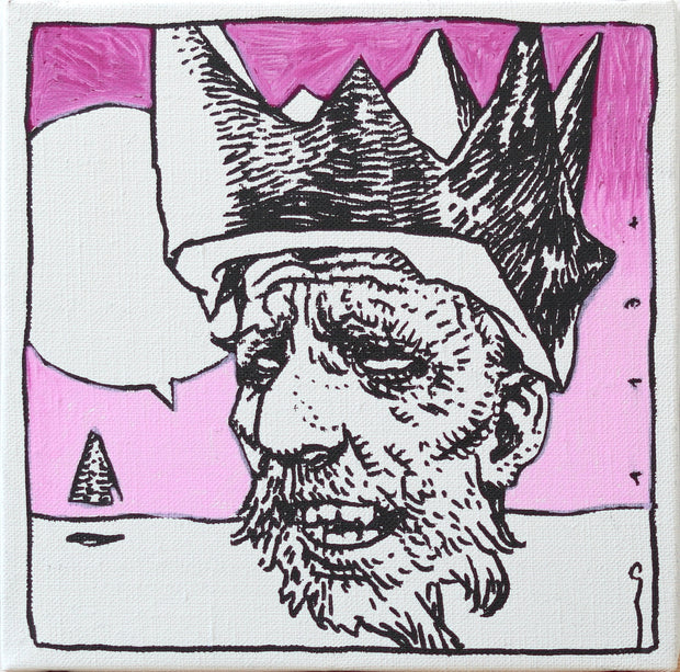 Black line art illustration of the floating head of an old man with many wrinkles and a raggedy beard. He wears a crown like rocky mass atop his head and a large empty speech bubble floats nearby.