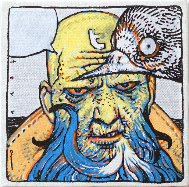 Painting of a bald old man with yellow skin and a long blue beard. He has an angry, tired expression and a black speech bubble above him. A large bird head peeks out from the right side.