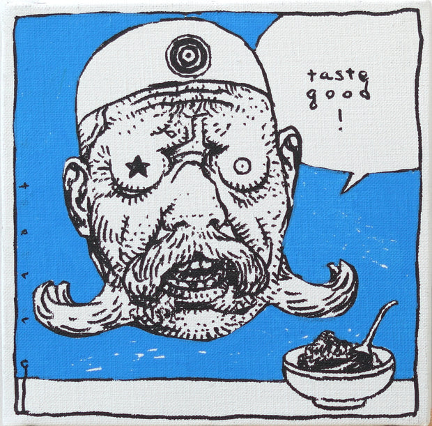 Black line art illustration of the floating head of an old man with a long handlebar mustache and a swim cap style hat with a target design on it. He hovers over a bowl of food and says "taste good!"