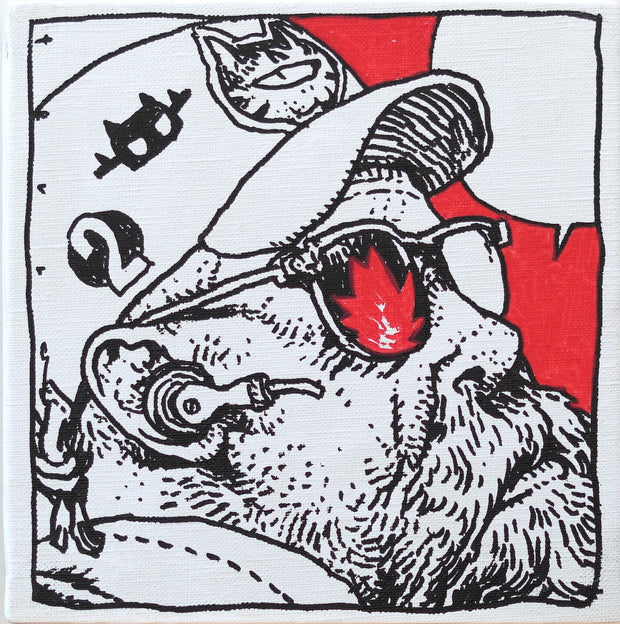 Black line art illustration of an older man with a long beard. He wears a pair of sunglasses that reflect a red flame and a baseball cap that has a one eyed cat patch and a robot head logo. He looks up and has an empty speech bubble over him.