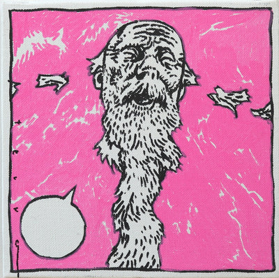 Painting with a fluorescent pink background of the floating head of a bald old man with a very long beard. A blank speech bubble comes out of his mouth.