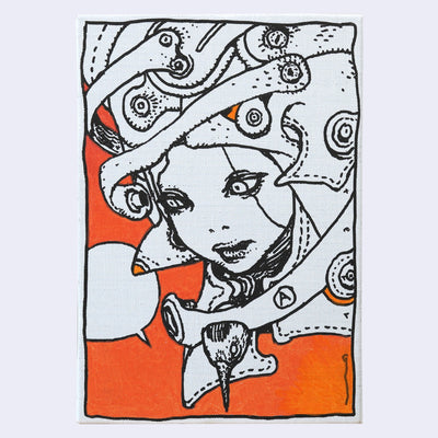 Painting with bright orange and a stark white background of a manga style androgynous character, wearing an intricate helmet head piece with many flaps on it. A small bird comes out of the neck piece. 