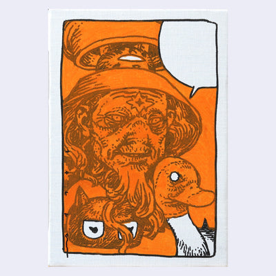 Painting on white canvas, covered mostly in bright orange of an old man with a long beard and a mechanical helmet, split into two and revealing a one eyed cat. A Big Boss Robot head and a goose are in the bottom corners.