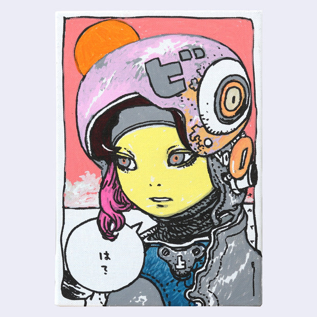 Painting with bright colors and a salmon pink background of a manga style yellow androgynous character, wearing a pink helmet and looking off to the side. A speech bubble comes out their mouth with Japanese Kanji.