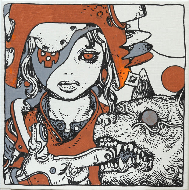 Painting of a manga style androgynous character wearing a mechanical helmet and an eyepatch. They wear a matching burnt orange  jacket with many buttons and affixers. They hold out a gloved hand, which is being bitten by a dog.