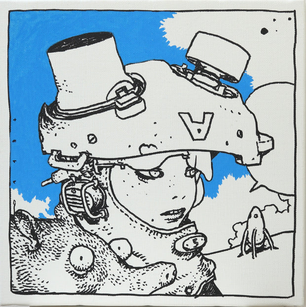 Painting with bright blue and a stark white background of a manga style androgynous character, wearing a mechanical helmet with many elements. A small bear character is in the lower corner. A rocket is in the background.