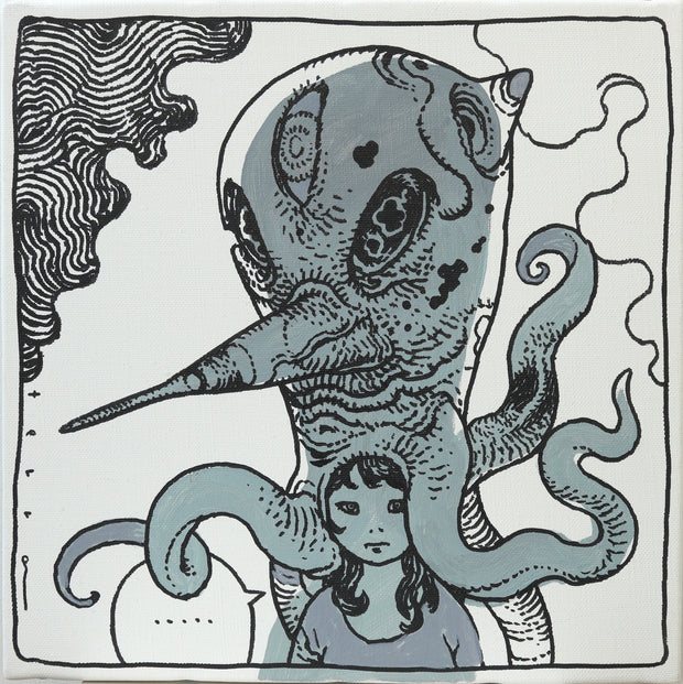 Painting with bluish gray and a stark white background of a manga style androgynous character, standing small in the piece with a very large squid character atop their head. 