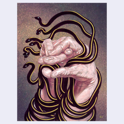 Painting of a pair of unclean hands, pressed together with the fingers pointing towards the viewer and slightly intertwined. Wrapped around the wrists are many skinny black snakes with yellow stripes along their backs. 