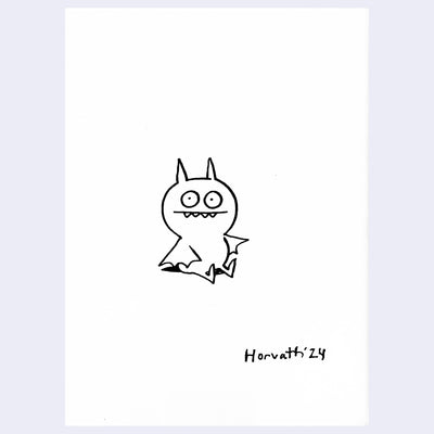 Black ink drawing of cute, small bat like monster with a simple smile and sharp teeth peeking out.