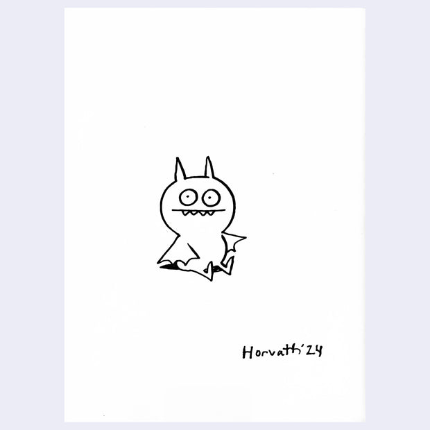 Black ink drawing of cute, small bat like monster with a simple smile and sharp teeth peeking out.