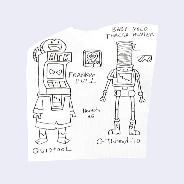 Ink illustration of 2 robot characters, one with the head of an ATM.