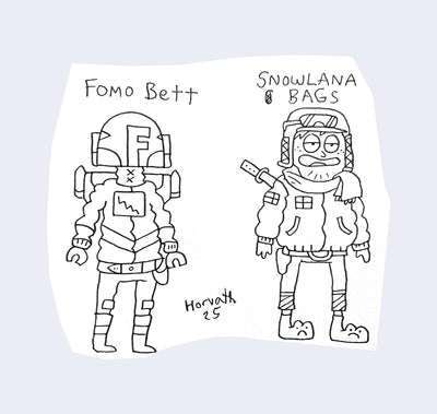 Ink drawing of 2 characters, one is a mock up of a Star Wars character and the other is of a snowy survivor type.