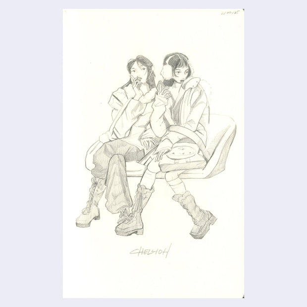 Graphite illustration of 2 girls sitting on a couch or possible public transit bench, dressed fashionably.