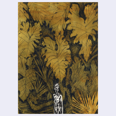 Ink drawing of a small nude woman with heavy ink lines rendering her standing amongst very large yellowish green leaves.