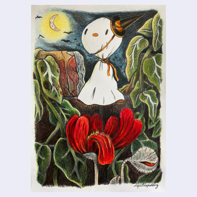 Colored pencil illustration of a ghost with a witch's hat positioned in a field with a large red flower and green leaves. 